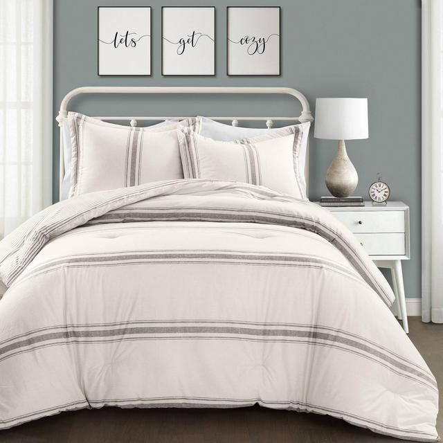 King 3pc Farmhouse Stripe Comforter Set Gray - Lush Décor