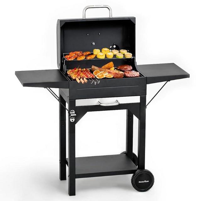 MASTER COOK Charcoal Grill with Two Side Tables, Heavy-duty Steel Barbecue BBQ Grill for Outdoor Picnic Backyard Patio and Parties, Black