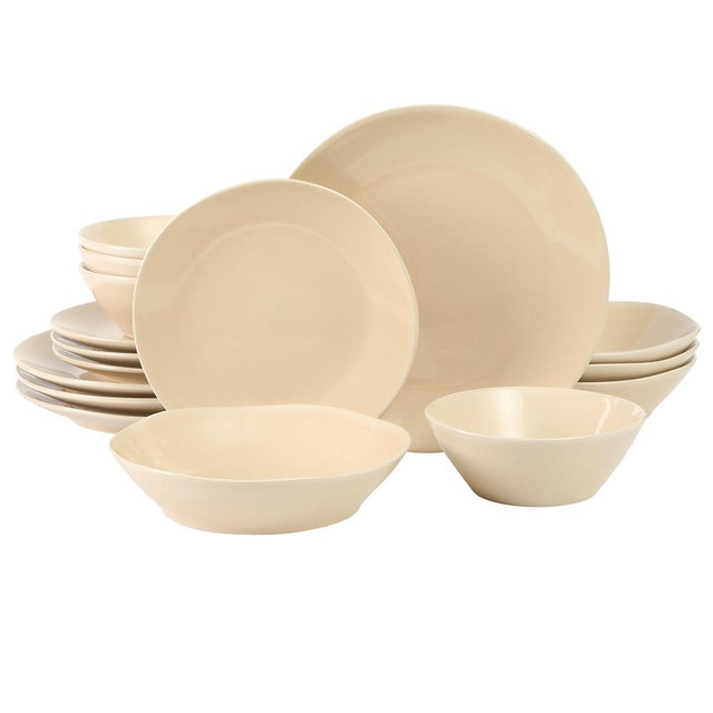 Bloomhouse - Oprah's Favorite Things - Montecito Breeze 16 Piece (Service for 4) Double Plates and Bowls Stoneware Reactive Glaze Dinnerware Set - Marble Dawn Cream