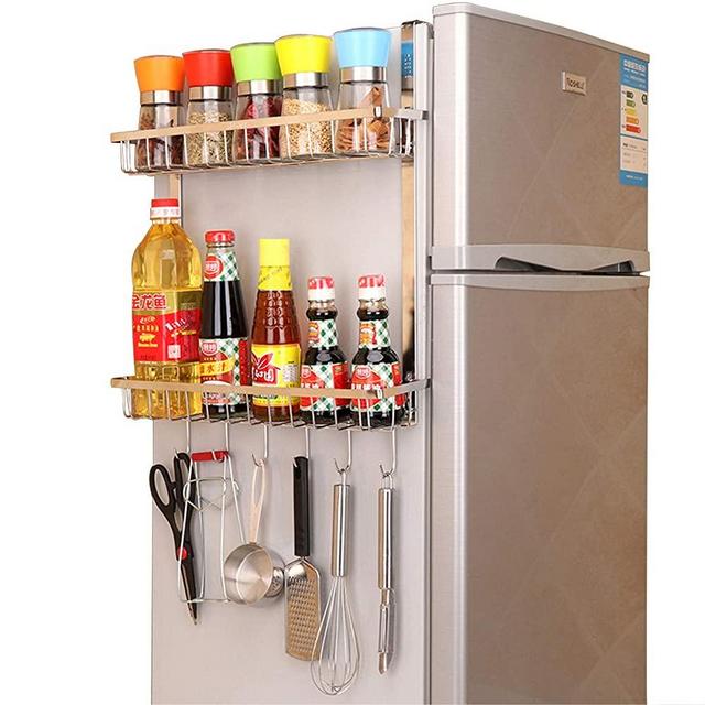 TZAMLI Fridge Organizer Spice Rack with Hook, Stainless Steel Hanging Kitchen Organization Storage Shelf for Refrigerator Cabinet Pantry (Silver, B - 2 Tier)