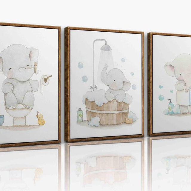 Framed. Set of three prints for bathrooms. An elephant in my bathroom wall art. Canvas Print. Funny kids Bathroom home decor. 12x16 inch.