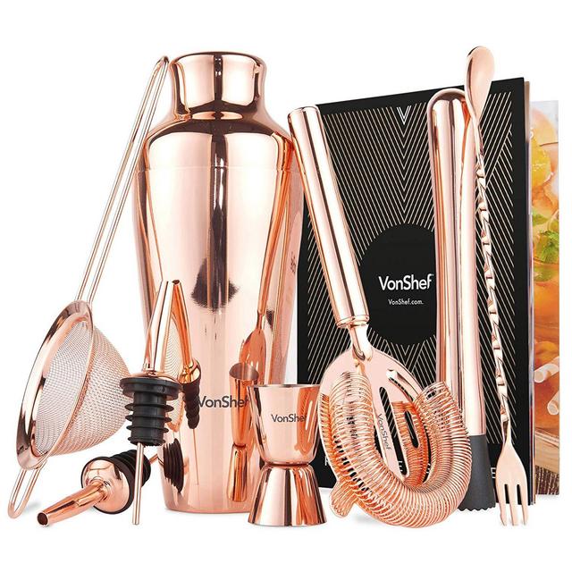 VonShef Parisian Cocktail Shaker Barware Set in Gift Box with Recipe Guide, Cocktail Strainers, Twisted Bar Spoon, Jigger, Muddler and Pourers, Copper, 9 Piece Set, 17oz