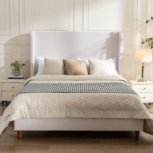 King Size Bed Frame With Headboard,54" Headboard Chenille Upholstered Platform Bed,Bedroom Furniture Sets No Springs Required,Metal Bed Frame With Wooden Slats for Strong Support,No Noise Free,Ivory