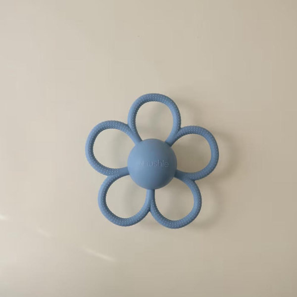 mushie Silicone Baby Daisy Rattle Teether Toy (Faded Denim)