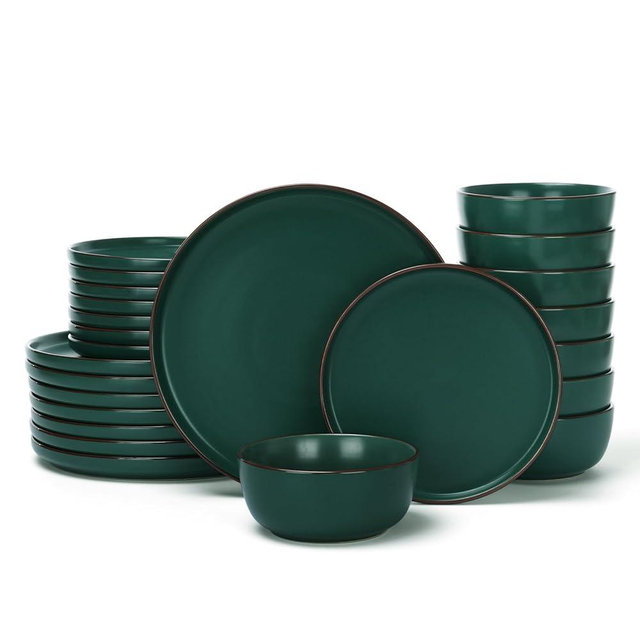 Famiware Mercury 24 Pieces Dinnerware Sets, Plates and Bowls Sets for 8, Microwave and Dishwasher Safe Dish Set, Dark Green