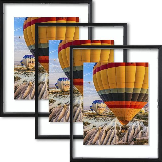 Golden State Art, 11X14 Floating Frame, Aluminum Picture Frame, Clear Glass Displays Any Size Photo Up To 11x14, For Wall Or Table Top Decoration (Black, 3 Pack)