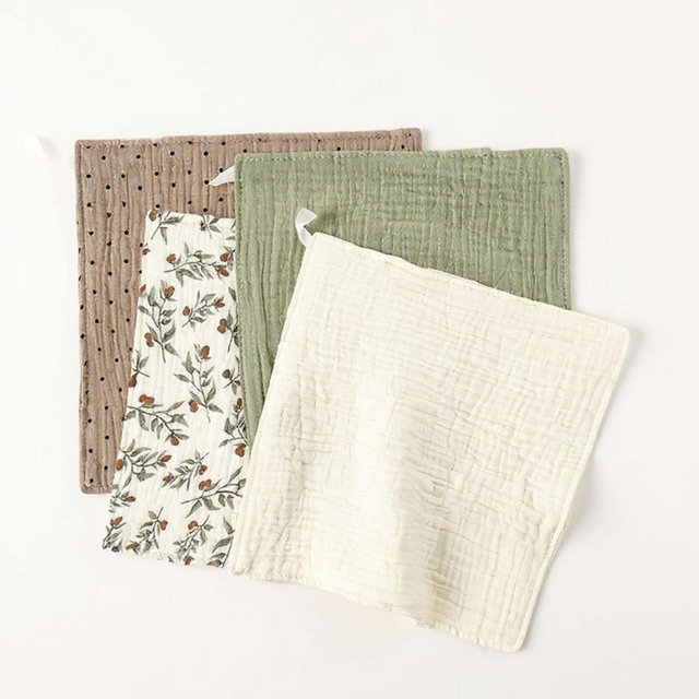Alilang Soft Cotton Textured Kitchen Cleaning Cloths Hanging Dish Towels Floral and Solid Mix 4 Pack - Green