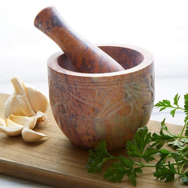 Etched Soapstone Mortar and Pestle from India