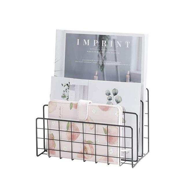 PENGKE Desktop Mail Organizer,3 Slot Modern Magazine Rack Book Record Holder,Metal Storage Multifunction Organizer Sorter,Black