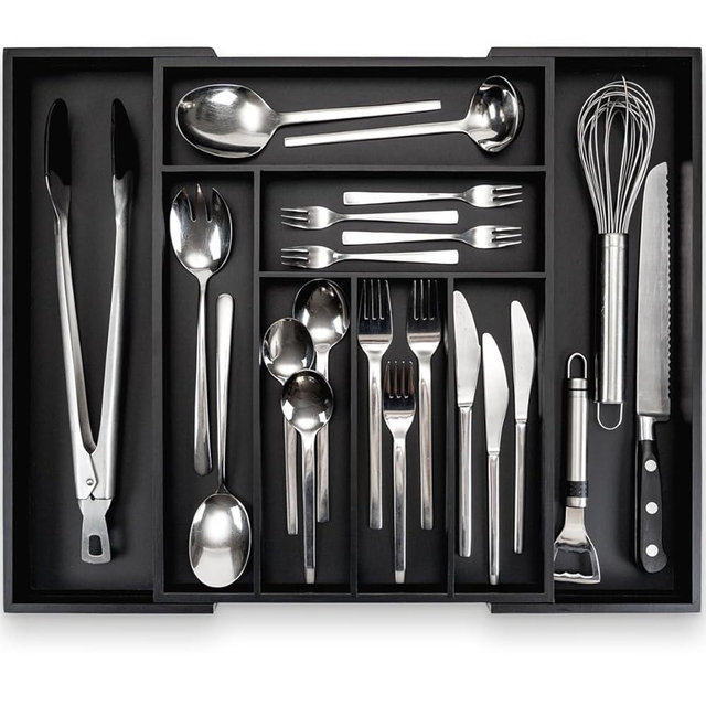 budu Silverware Drawer Organizer #16.9" Depth – Black - Utensil Holder, Kitchen Drawer Organizers for Flatware, Cutlery – Perfect Utensil Organizer for Silverware & Other Kitchen Organization Tools