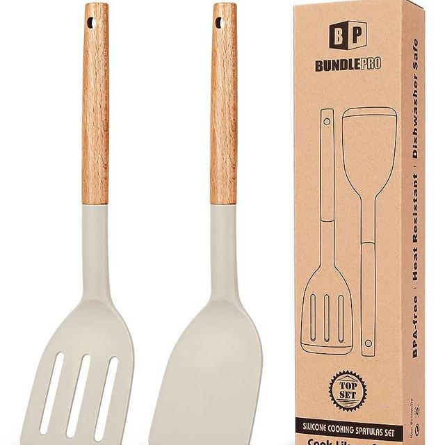 Pack of 2 Silicone Cooking Spatula, Heat Resistant Solid Turner, Non Stick Slotted Spatulas with Wooden Short Handle,Ideal Wood Kitchen Utensils Set for Frying, Baking, Flipping, Turning