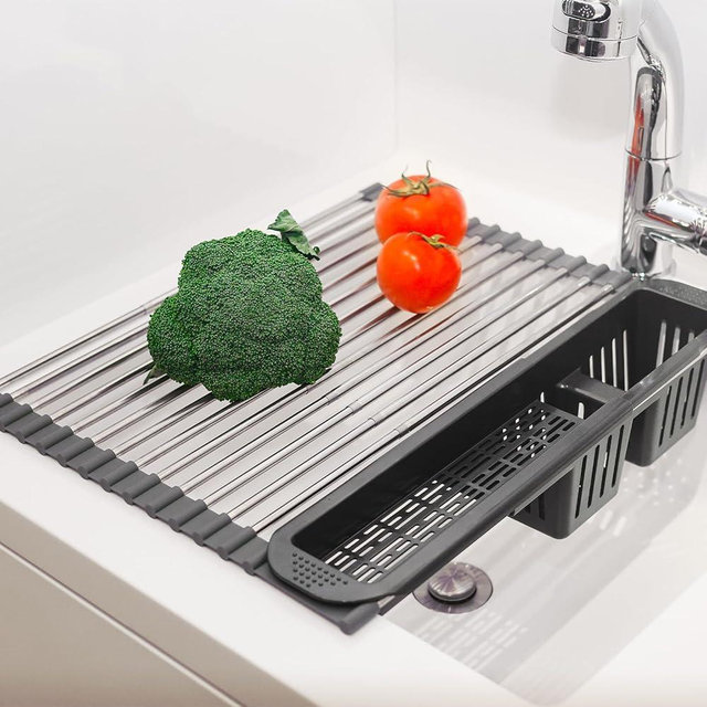 Dolreiik Roll-Up Dish Drying Rack Over The Sink, 304 Stainless Steel Dish Drainer, Foldable & Adjustable Sink Drying Rack for Kitchen Sink Countertop with Utensil Holder (Gray, Expandable)