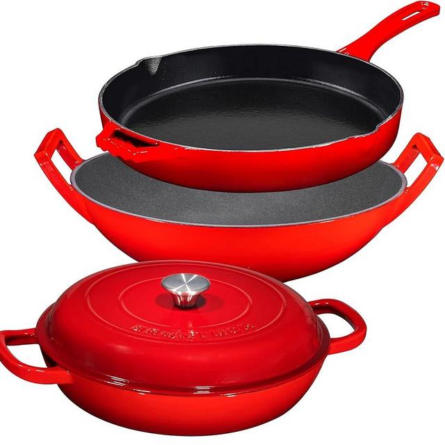 Enameled Cast Iron 3 Piece Bundle Gift Set, 3.8qt. Braiser Pan, 12 inch Skillet & 3qt. Balti Dish, Cookware Set