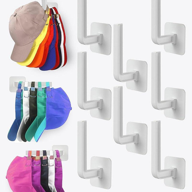 Sunfanie Hat Rack for Hat Storage (8-Pack), Multi-purpose Hat Organizer, Strong Adhesive Hat Hooks for Wall Hat Organizer for Baseball Caps, Two Mounting Options Hat Hook, White