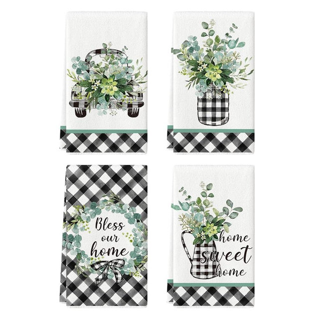 Artoid Mode Buffalo Plaid Eucalyptus Home Sweet Home Kitchen Towels Dish Towels, 18x26 Inch Seasonal Decoration Hand Towels Set of 4