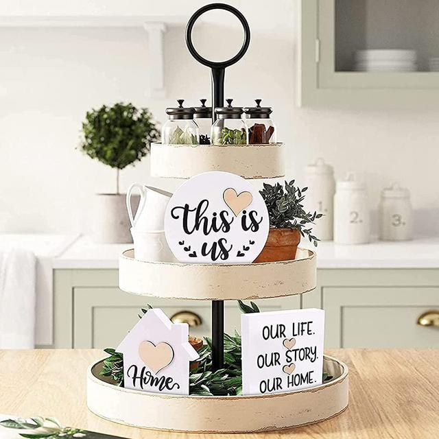 Huray Rayho This is Us Sign Fall Tiered Tray Decor Items Mini Farmhouse Home Mini Wood Signs Rae Dunn Inspired This is Us Round Sign Rustic Kitchen Decorations Our Life Our Story Our Home