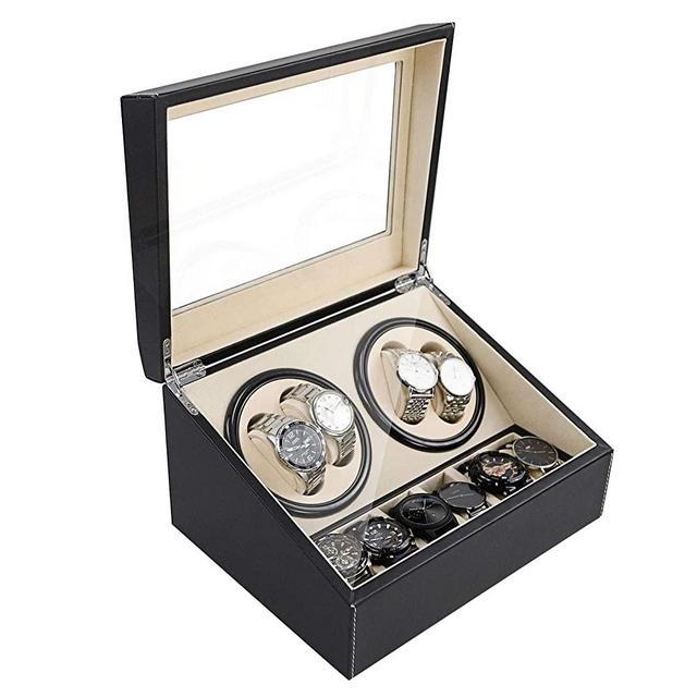 Automatic Watch Winder Display Box, 4+6 Automatic Rotation Leather Wood Watch Winder Collector Display Box Watch Case (US STOCK) (Black)
