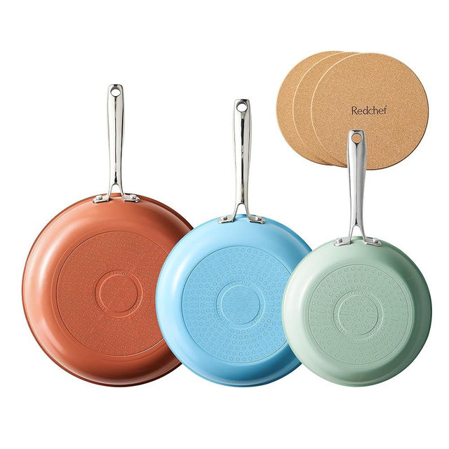 Redchef Colorful Ceramic Nonstick Frying Pan Set, Ceramic Pan Skillet, Non Toxic Pans for Cooking, Induction Compatible with Stainless Steel Handles & 3 Cork Pads, PFAS & PTFE & PFOA Free（8+9.5+11"）