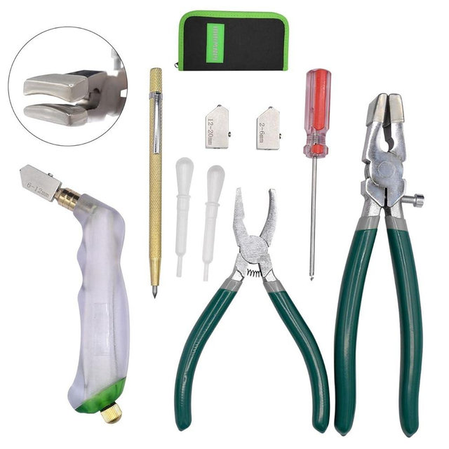 GINWORD 9Pcs Heavy Duty Glass Cutter Tool, Glass Cutting Kit, Glass Running Breaking Pliers, Breaker Grozer Pliers with Curved Jaws,Glass Cutters for Stained Glass, Mosaics, Fusing, Breaking