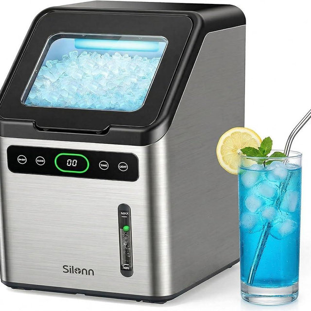 Silonn Nugget Ice Maker Countertop - 44lbs/Day Soft Chewable Pebble Ice, Self-Cleaning One-Click Operation, Stainless Steel