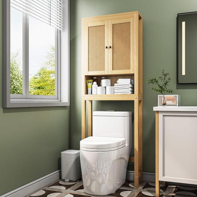 knoworld Rattan Over The Toilet Storage Cabinet, Above Toilet Bathroom Organizer with Adjustable Shelf, Behind Toilet Cabinet, Space Saver for Restroom, Bathroom, Laundry, Wood Rack, Natural