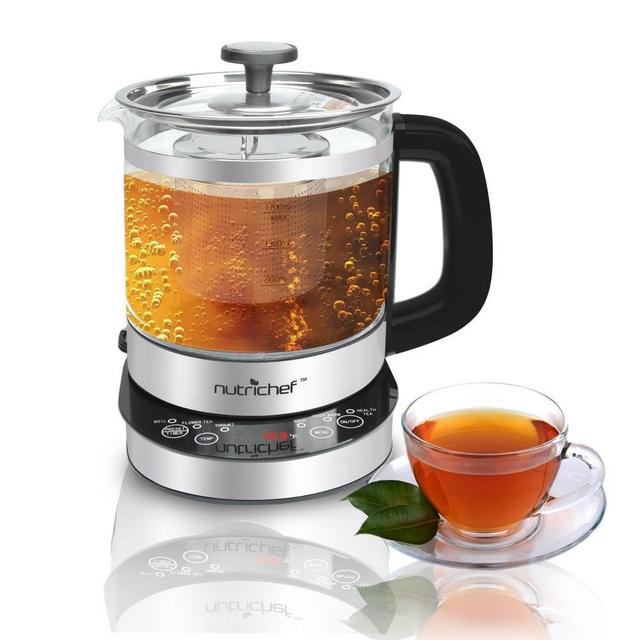 NutriChef Electric Tea Kettle Steeper [Water Boil Glass Kettle with Tea Infuser] Instant Heating & Quick Boiling | Adjustable Time & Keep Warm Settings | Stainless Steel | 1.7 Liters (PKTM15)