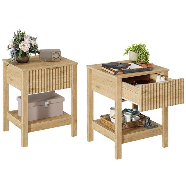 TROJM Fluted Night Stand with Golden Handle,Set of 2 Mid-Century Nightstands with Drawer, Bedside Table with Storage Shelf,Large End Tables for Livingroom,Bed Side Tables for Bedroom, Natrual Oak