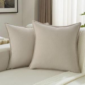 FUTEI Beige Chenille Throw Pillow Covers 16x16 Inch Set of 2,Edges Double-Stitched Cushion Cases,Modern Home Decor for Couch Living Room