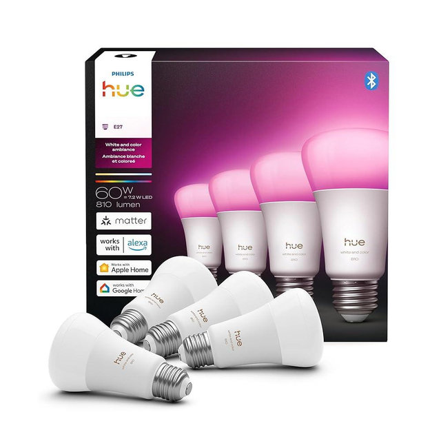 Philips Hue Smart LED A19 Bulb 4-Pack, White Color Ambiance, E26 Base, 7.2W, Full Spectrum Light 1000K-20000K, 810 Lumens, Dimmable, Works with Alexa, Google,& Apple Home