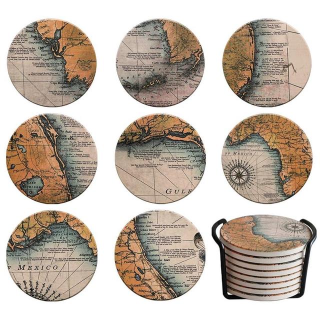 Darate Absorbent Coasters with Holder Set of 8, Coasters for Drinks, Unique Housewarming Gift, 4 Inch Round Coaster for Bedroom, Home, Office, Bar, Dining Room, Living Room, Kitchen (Nautical Chart)