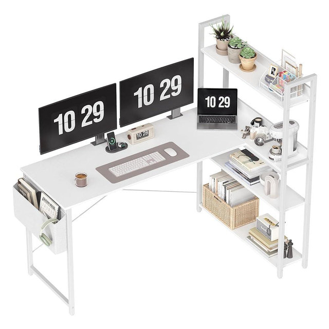 Treesland 55 Inch Computer Desk with Bookshelf, Corner Desk with Storage, L Shaped Desk, Home Office Desks, Writing Study Desk for Bedroom, White
