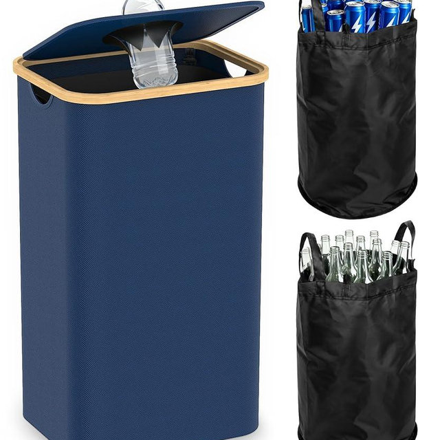 Recycling Bins for Kitchen, 26 Gallon (100L) Recycle Bin with lid, Indoor Oxford Fabric Recycling Trash Can with 2 Pack Removeable and Reusable Inner Bags for Bottle Can Glass Plastic Sticker, Blue