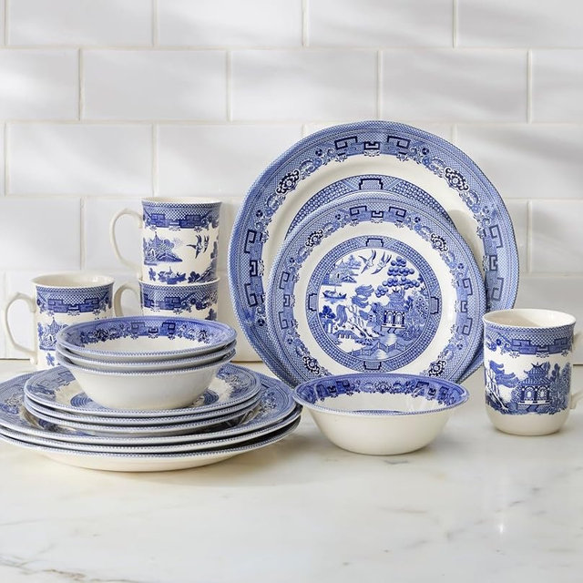 BrylaneHome 16 Piece Blue Willow Dinnerware Set (Service for 4), Includes Dinner & Salad or Dessert Plates, Bowls, Mugs, Elegant Traditional Pattern - Blue