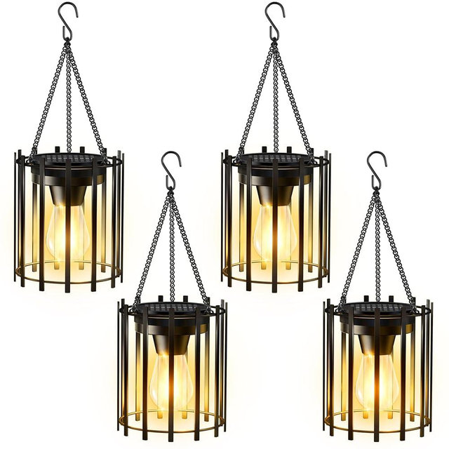 KOOPER Solar Lanterns Outdoor Waterproof, 4 Pack Upgraded Bright Hanging Solar Lights Outdoor Lanterns Decorative, Auto ON/Off Metal Hanging Lantern Lights for Pathway Yard Patio Garden Decor