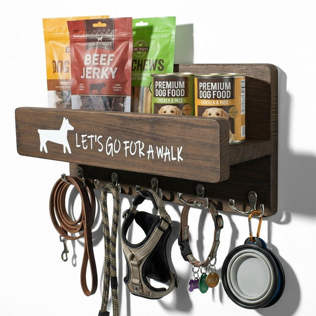 Niciksty Wood Dog Leash Holder for Wall, Key Hangers with 5 Double Key Hooks, Dog Leash Hanger Wall Mounted for Entryway, Farmhouse Treats,35cm,Brown