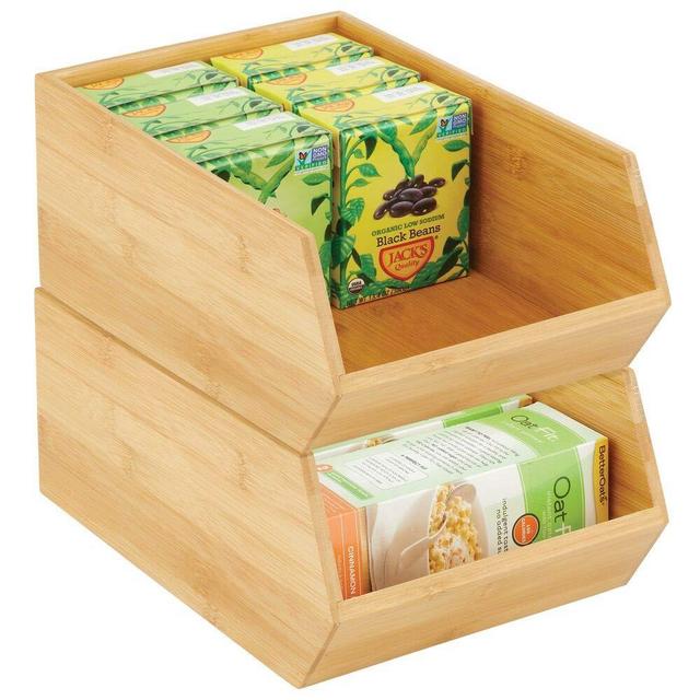 mDesign Bamboo Stackable Food Storage Organization Bin Basket - Wide Open Front for Kitchen Cabinets, Pantry, Offices, Closets, Holds Snacks, Dry Goods, Packets, Spices, Teas - 2 Pack - Natural Wood