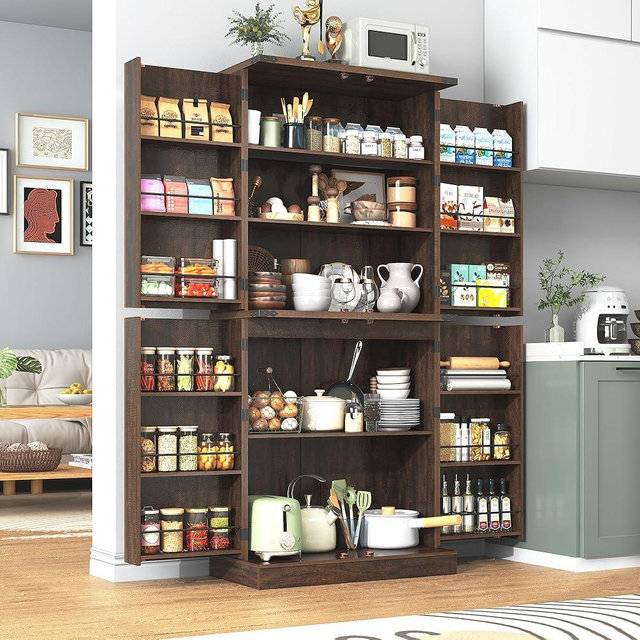 Hlivelood Farmhouse Kitchen Pantry Cabinet, 71" Tall Storage Cabinet with Adjustable Shelves & 4 Barn Doors & Drawer, Rustic Wood Cupboard for Kitchen, Dining Room, Living Room, Brown