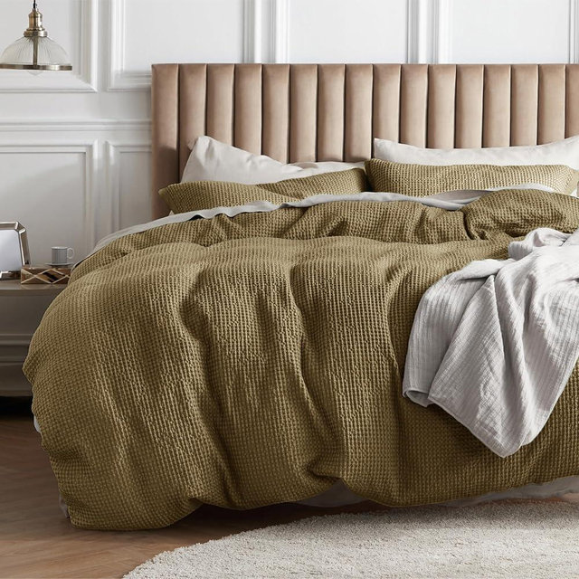 Bedsure Cotton Duvet Cover Queen Size - 100% Cotton Waffle Weave Fennel Seed Duvet Cover Queen Size, GentleSoft™ and Breathable Bedding Set for All Season, 3 Pieces, 90"x90"