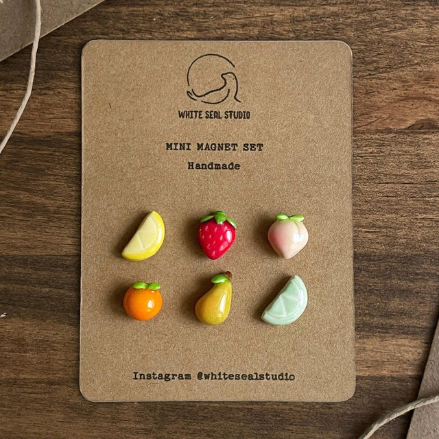 Mini Clay Magnet Set - Fruits - Handmade - Polymer Clay - Fridge Magnets - Lemon, Strawberry, Peach, Orange, Pear, Lime