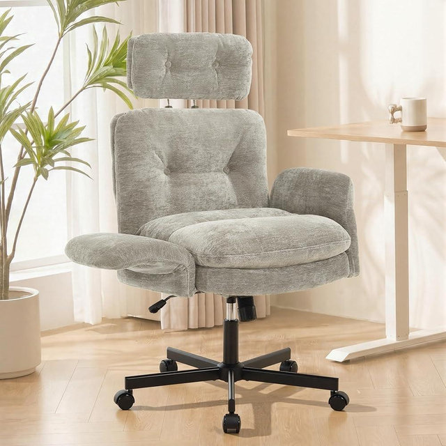 FiveWillowise Criss Cross Chair with Wheels&Armrests,Adjustable Swivel Lounge Vanity Chairs,Modern Home Office Desk Chair with High Back,Double-Layers,Side Pocket,Thicken Wide Seat,Chenille Light Grey