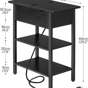 HOOBRO Side Table, Flip End Table with Charging Station and Shelves, USB Ports & Power Outlets, Narrow Nightstand for Small Spaces, Stable and Sturdy, for Living Room, Black BK341BZ01