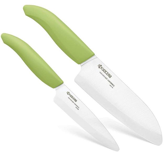 Kyocera Revolution Series 2-Piece Ceramic Knife Set: 5.5-inch Santoku Knife and a 4.5-inch Utility Knife, Green Handles with White Blades