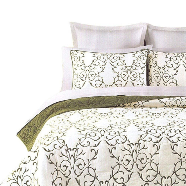mixinni Reversible 100% Cotton 3-Piece Green Embroidery Pattern Elegant Quilt Set with Embroidered Decorative Shams Soft Bedspread&Coverlet Set-Full/Queen