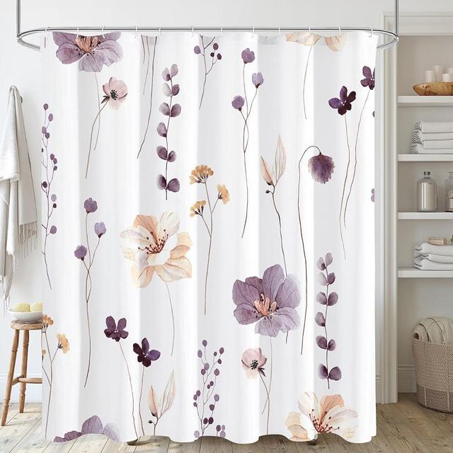 Gibelle Watercolor Floral Shower Curtain, Plum Beige Flower Shower Curtain for Bathroom, Modern Minimalist White Waterproof Fabric Shower Curtain Set with Hooks 72x72 Inch