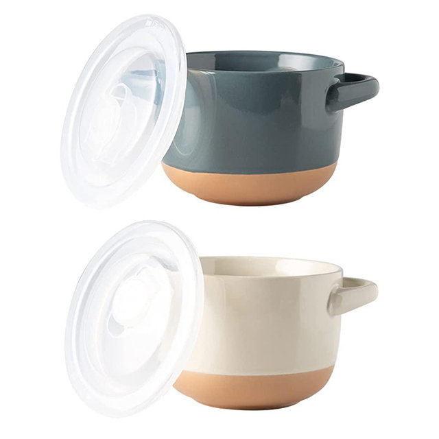 AmorArc 24 Ounces Soup Bowls with Large Handles and Lids, Stoneware Bowls Set of 2 for Soup,Cereal,Stew,Noodle,Colourful Ceramic Kitchen Bowls, Microwave&Dishwasher Safe, Grey&Beige