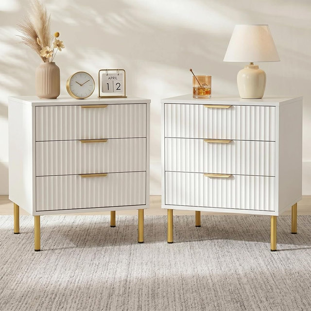 RIHHA White and Gold Nightstands Set of 2, 24" Tall Fluted Bedside Tables with 3 Drawers and Gold Handles, Ribbed Side Table Pair