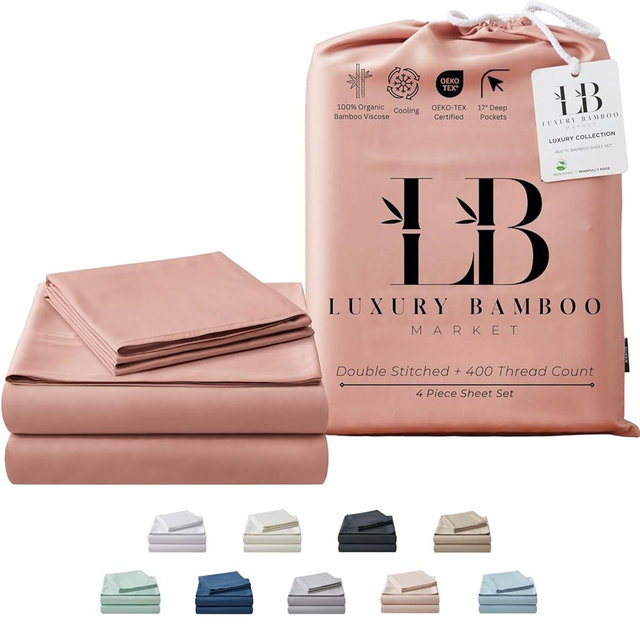 Luxury Bamboo Market | King Size Bed Sheet Set | 100% Viscose Made from Bamboo | Organically Grown | Ultra Soft | Cooling Sheets for Hot Sleepers | 17" Deep Pocket [Rose Quartz (Dusty Pink)]