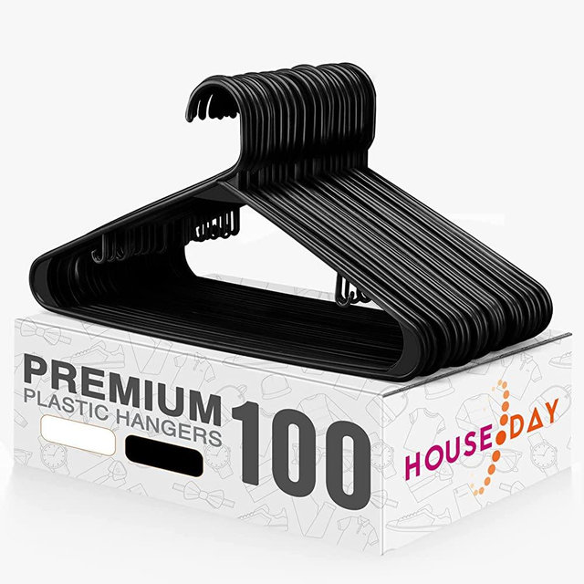 HOUSE DAY Black Plastic Hangers 100 Pack, Heavy Duty Clothes Hanger Plastic, Plastic Shirt Hangers Coat Hangers for Closet, Adult Hangers for Everyday Standard Use Laundry Hanger Closet Hangers