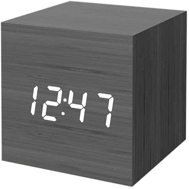 MiCar Digital Alarm Clock, Wood LED Light Mini Modern Cube Desk Alarm Clock Displays Time Date Temperature Kids, Bedroom, Home, Dormitory, Travel (Black)