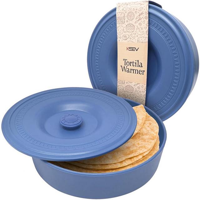 KSEV Tortilla Warmer Insulated Container with Lid (8.5" x 2.5"-Inch), BPA FREE Microwave & Dishwasher Safe Tortilla Holder Server Box For Tortilla, Flour Taco, Chapati, Flat Breads (1 Pack - Blue)
